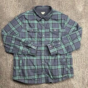 L.L.Bean Men's L Green Blue Plaid Fleece Lined Flannel Shirt Jacket Snap Shacket